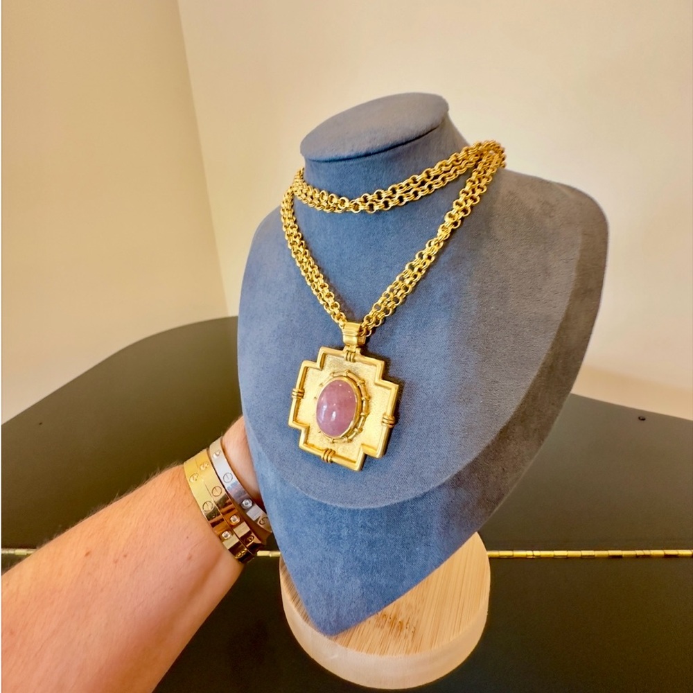 Vintage Authentic Luxury Bohemian RARE Julie Vos Rose Quartz Cross Necklace - Picture 6 of 17